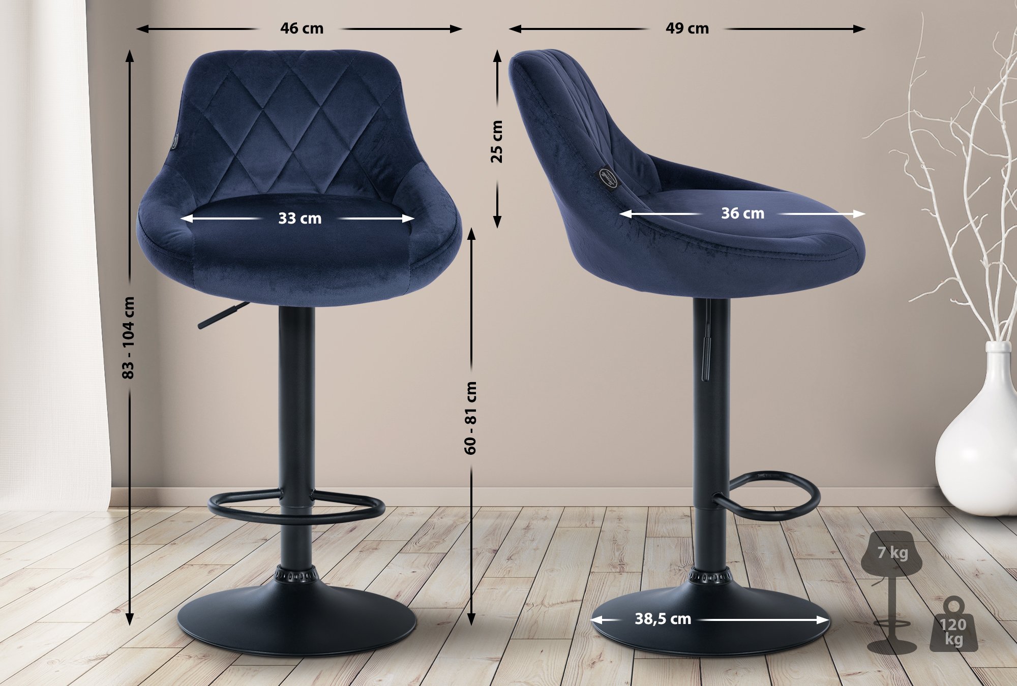 Set di 2 sgabelli da bar Lazio Velvet blu schwarz